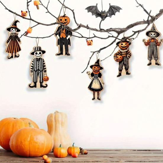 Retro Style Holiday Accents 6Pcs Halloween Wooden Ornaments, Pumpkin Head Skeleton Character Hanging Decor with Indoor Outdoor Ornaments Rope, Pendant