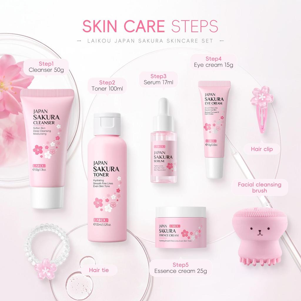 Zestaw do czyszczenia i pielęgnacji twarzy LAIKOU Sakura 8-częściowy Premium jako prezent urodzinowy