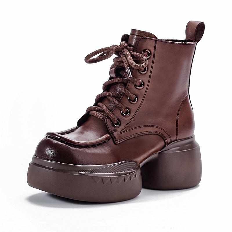 Genuine Leather Zippered Retro Platform Heel Women's Martin Boots