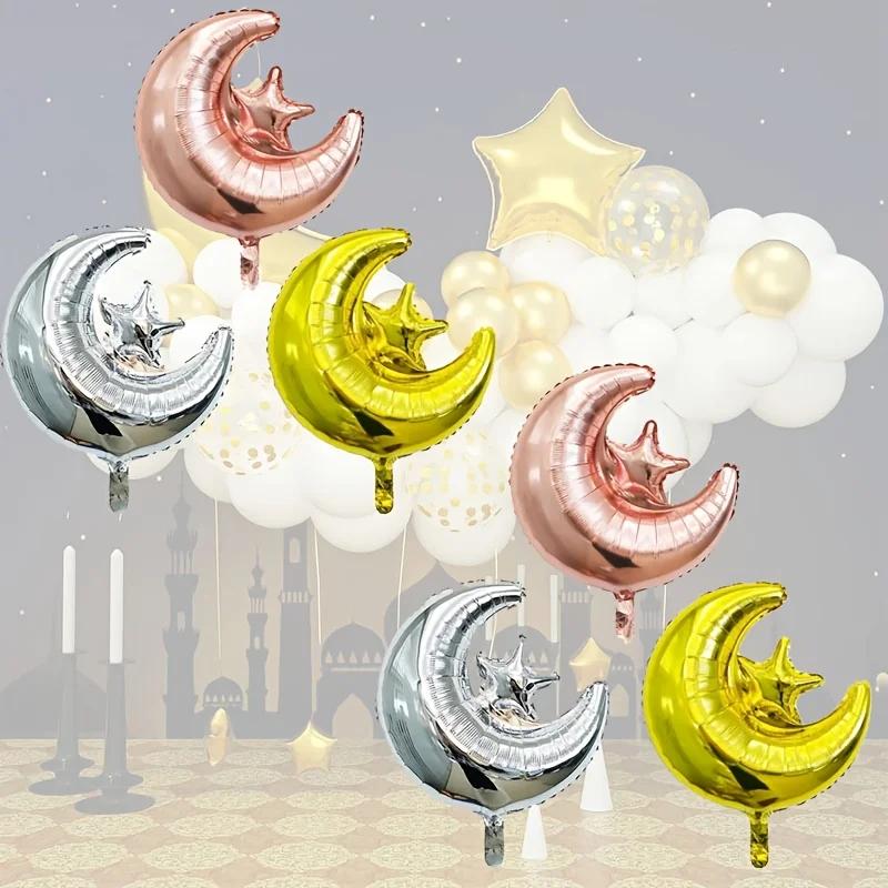 Moon and Star Balloons Rose Goldr Foil Balloons Suitable for Ramadan, Eid Al-Adha, Islamic New Year Themed Party Decorations