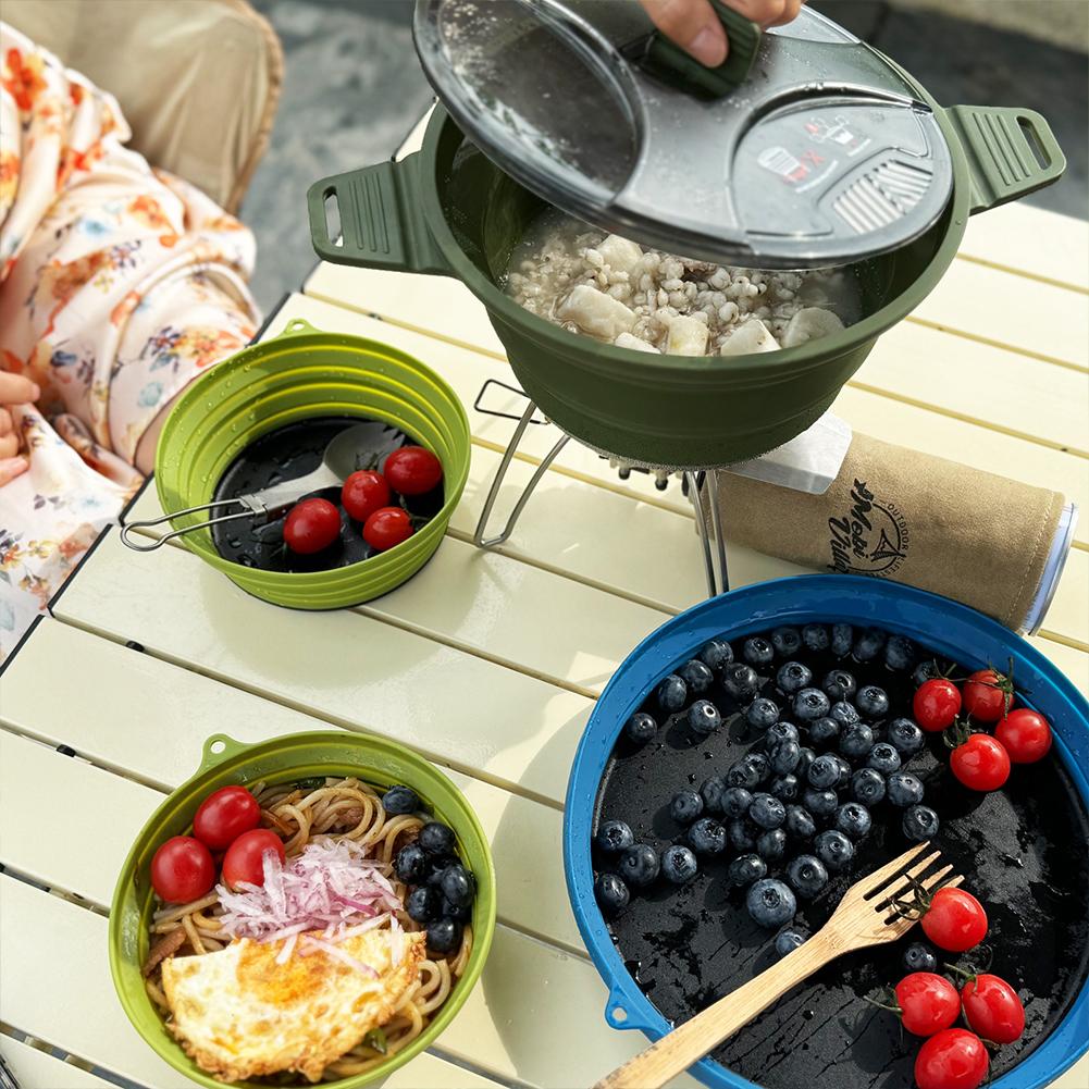 Outdoor faltbarer Topf mit 2 faltbaren Schüsseln, hitzebeständiger Kochtopf, Geschirr, Edelstahl für Wandern, Rucksacktouren