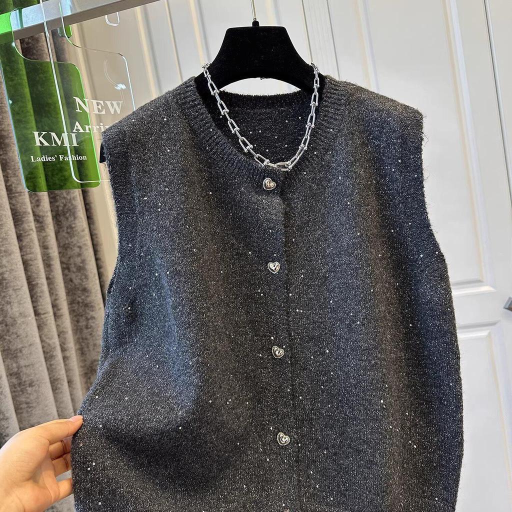 Chic Sequin Sleeveless Knitted Cardigan for Women - Loose Plus Size Layering Top for Spring/Autumn