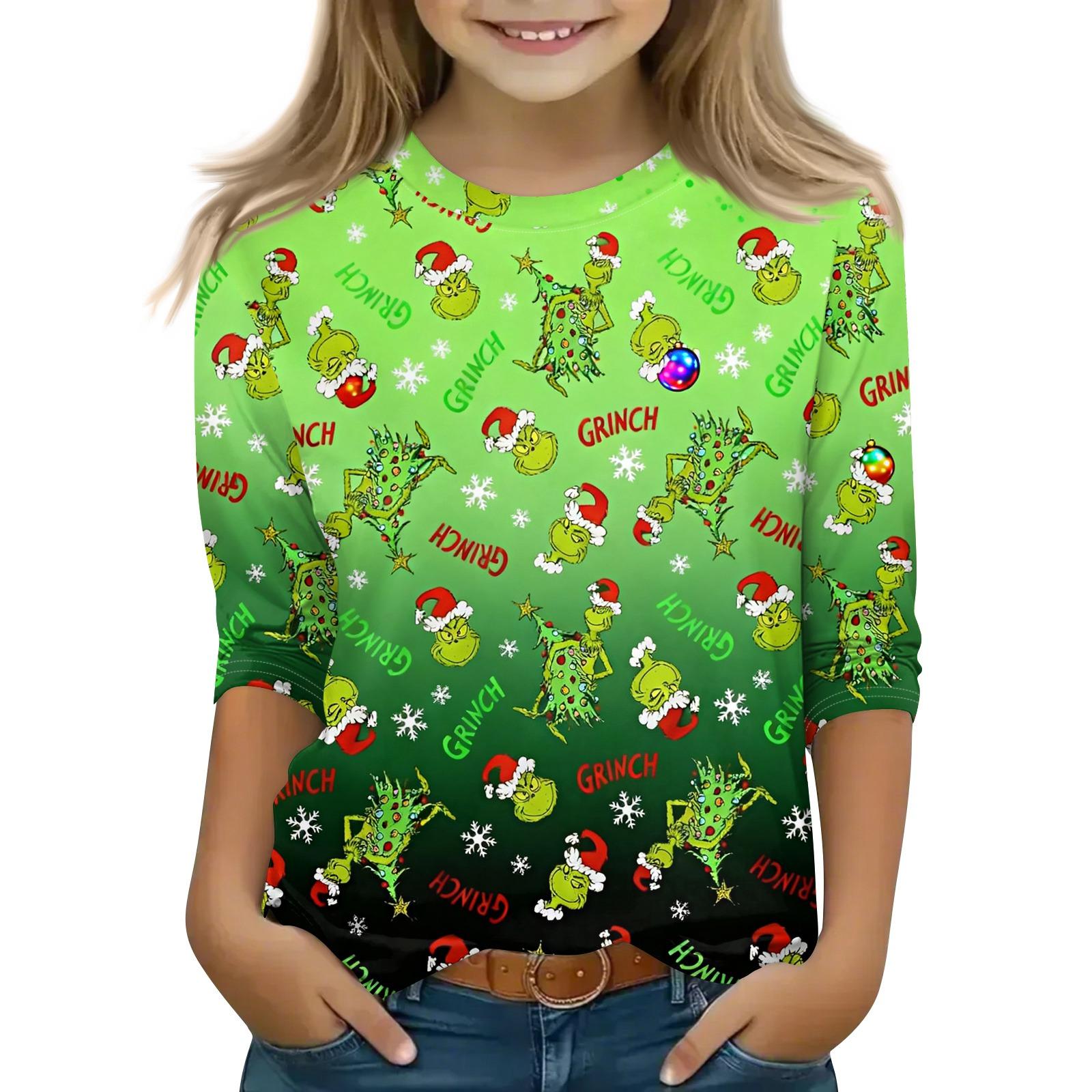 

Рождественские детские топы с рукавом 3/4, повседневная футболка с принтом, на каждый день, пуловер с круглым вырезом, блузка 110