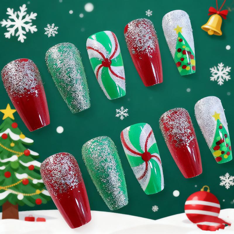 Christmas Europe and the United States Best-selling Nail Art Wear Nail Sweet and Cute Christmas Tree Glitter Medium and Long Nail Wear