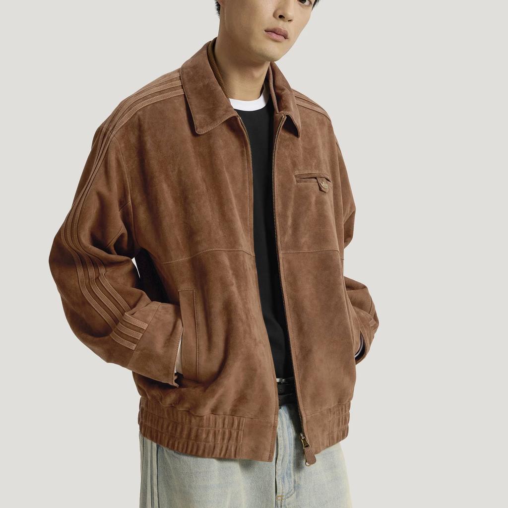 adidas Originals Leather Jacket Sports Lapel Striped Loose Fit Men Jackets KV5939