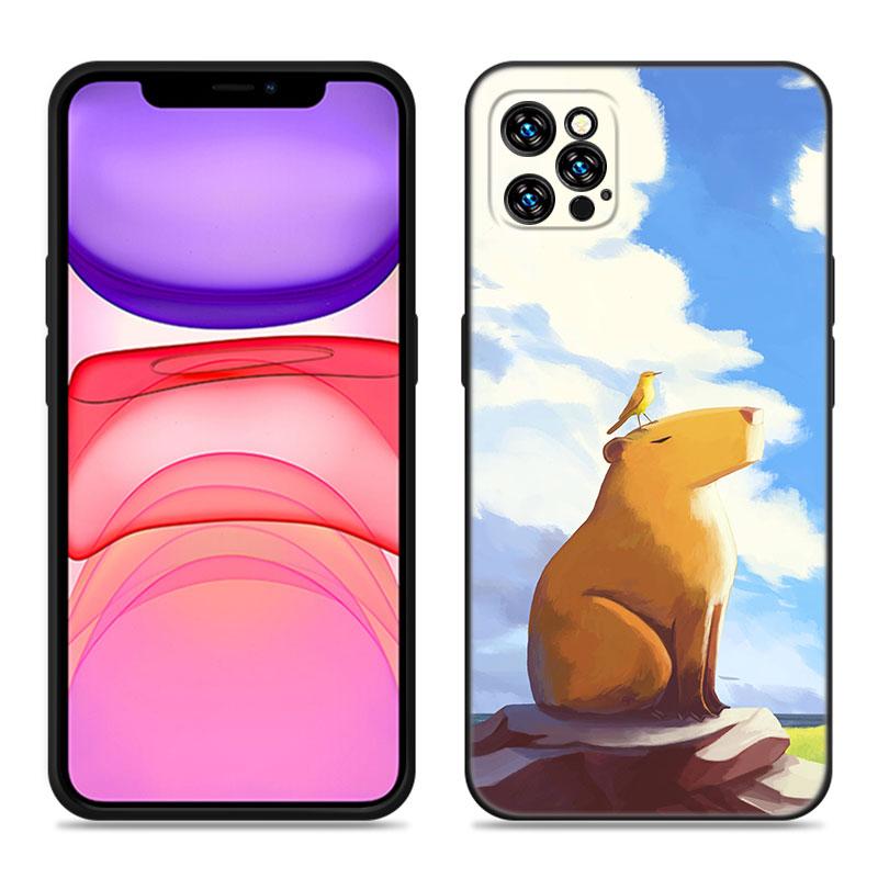 Cute Cartoon Capybara Phone Case For Apple iPhone 12 13 Mini 11 14 15 Pro Max 7 8 Plus X XR XS SE 2020 2022 Black Silicone Case