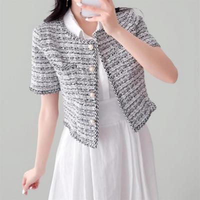 New Arrivals Open Run Women Tweed Jacket No Collar Pearl Decor Short Sleeves