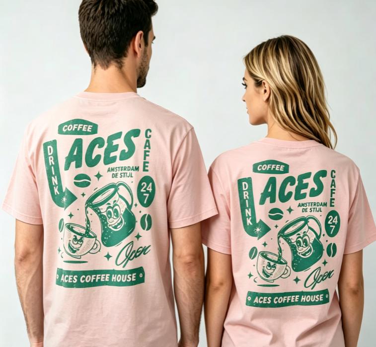 2026 New Retro Cartoon Coffee Cup With Letter Print Suitable For Both Men And Women Casual Street Style  Shortsleeved Tshirt