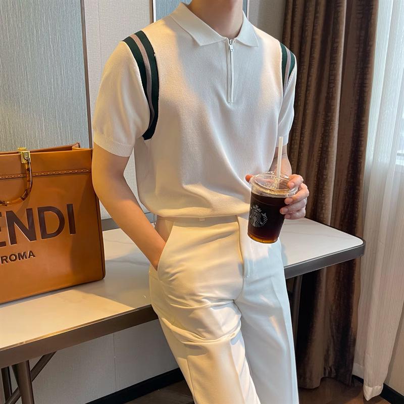 

Мужская модная летняя рубашка-поло с контрастными лацканами – на молнии, с цветными блоками, дышащая, повседневная трикотажная с коротким рукавом XXXL белый