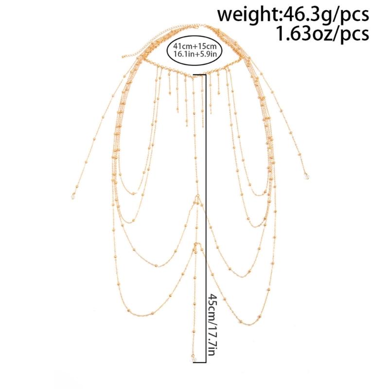 Draped Body Chain Jewelry Alloy Multi-Chain Torso Accessory for Vacation Outfits, Bikini Styling, Parties and Beachwear