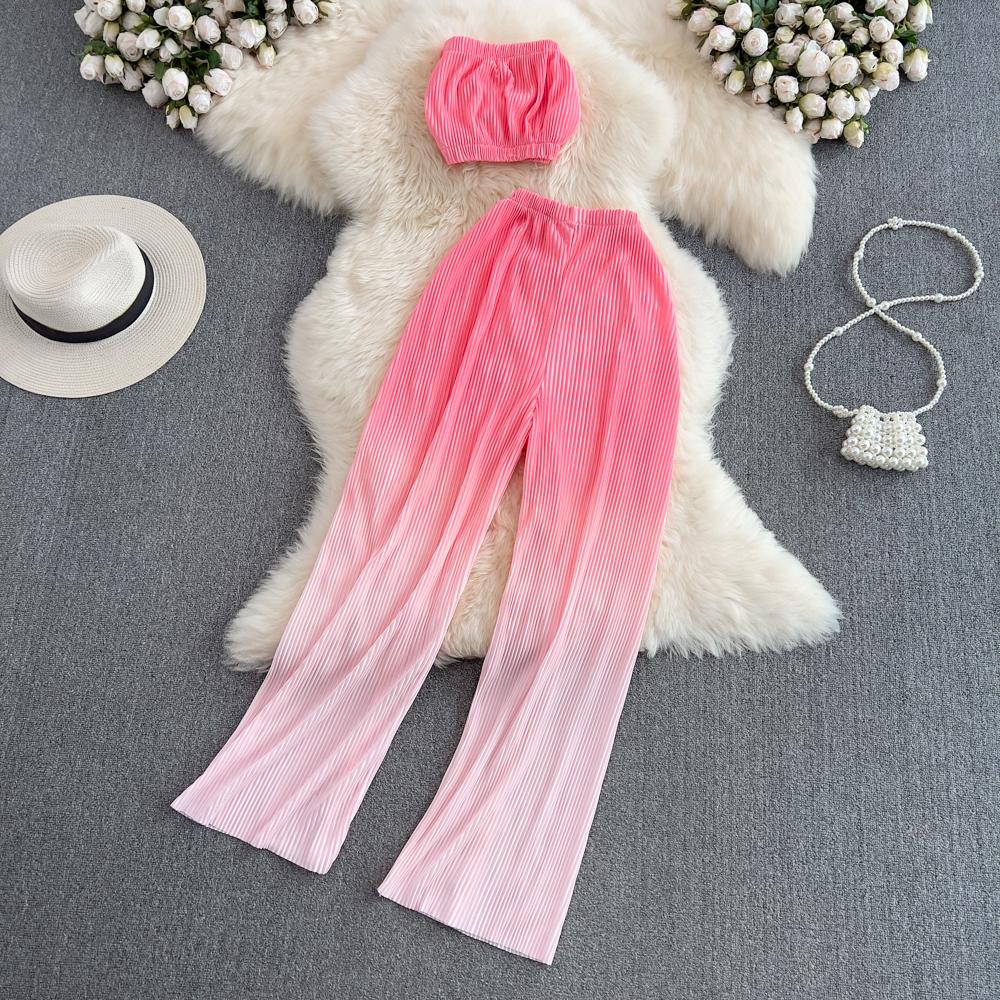 RUGOD 2022 Modeanzug Damen Sexy Tube Top Zweiteiliger Anzug mit hoher Taille Drapieren Lässige Farbverlaufsfarbe Gerade Hose mit weitem Bein