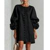 French Style 3D Floral Cotton Linen Dress, Lantern Sleeve Round Neck Single Breasted Loose Slimming Vacation Mini Dress