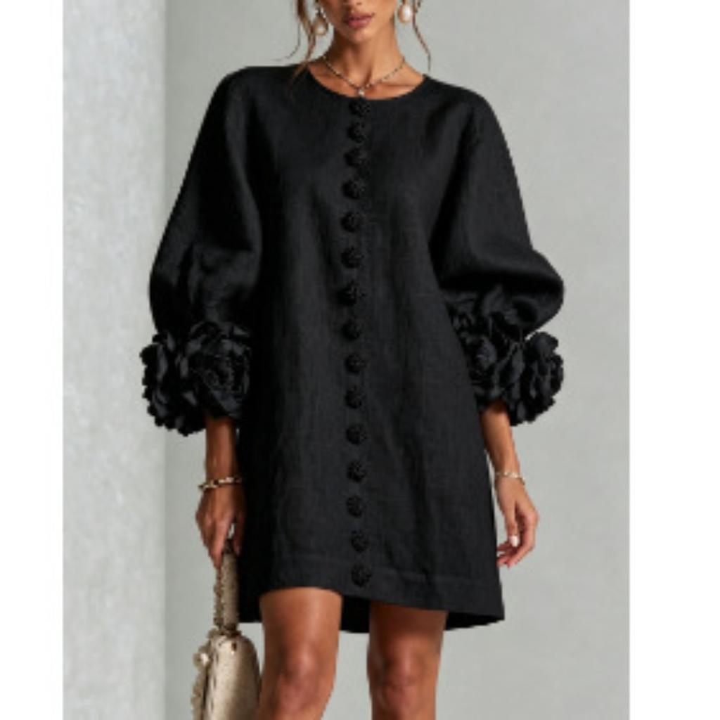 French Style 3D Floral Cotton Linen Dress, Lantern Sleeve Round Neck Single Breasted Loose Slimming Vacation Mini Dress