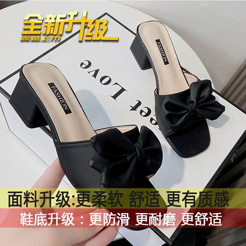 

Fairy style bow one-line sandals women s summer 2025 new thick heel medium heel 5cm high heel wear with a skirt 35