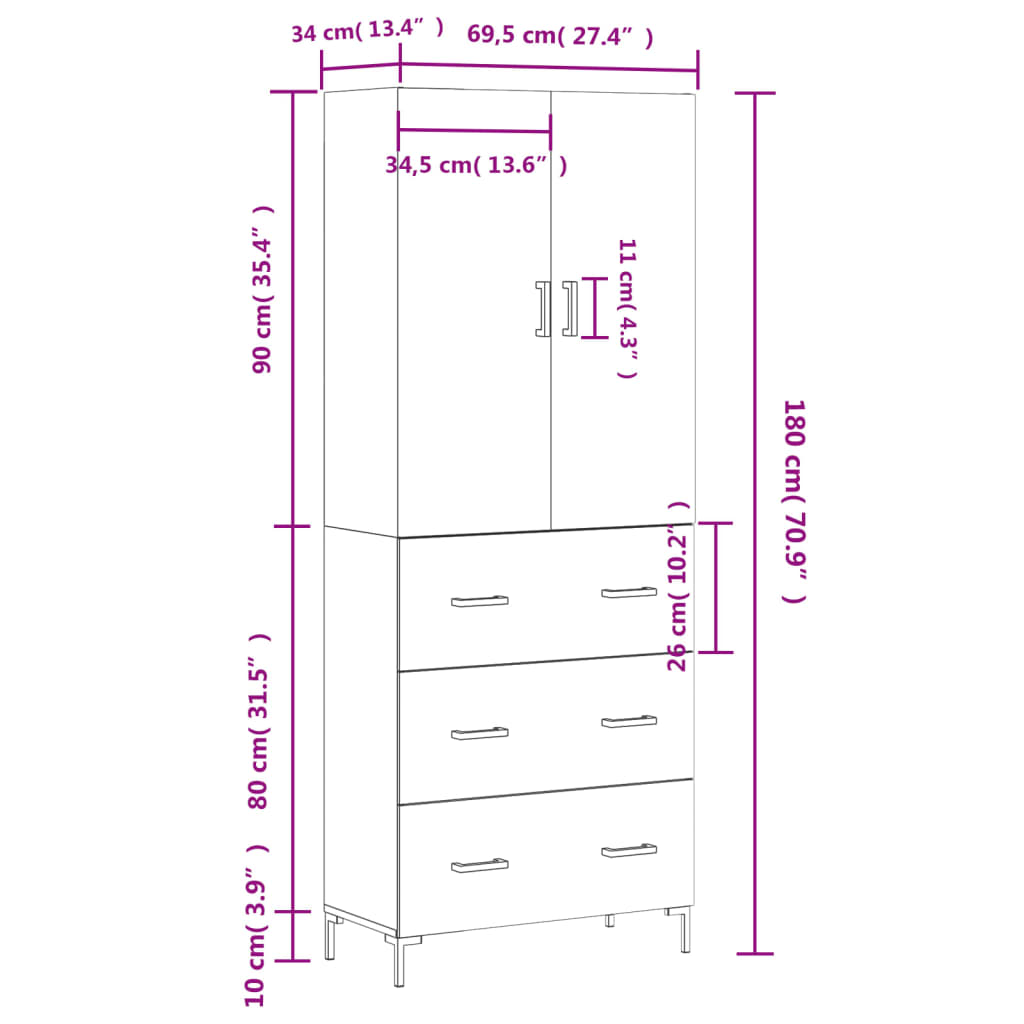 Highboard Grey Sonoma 69.5 x 34 x 180 cm Particleboard
