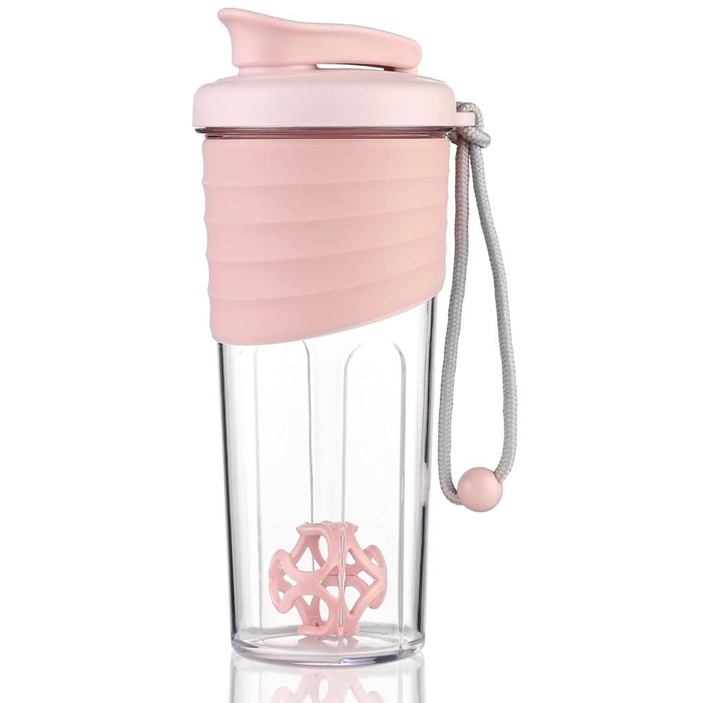 Fexmoy Protein Shaker Bottle, Blender Bottle for Gym/Workout, Disassembleable and Cleanable, BPA-Free, with Shake Ball, 700ml (Pink)
