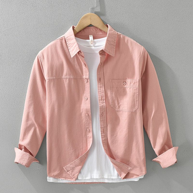 Spring & Fall Japanese Hong Kong Style Fresh Minimalist Long Sleeve Shirt Men Pink Loose Leisure All-Matching Shirt Coat Pure Cotton