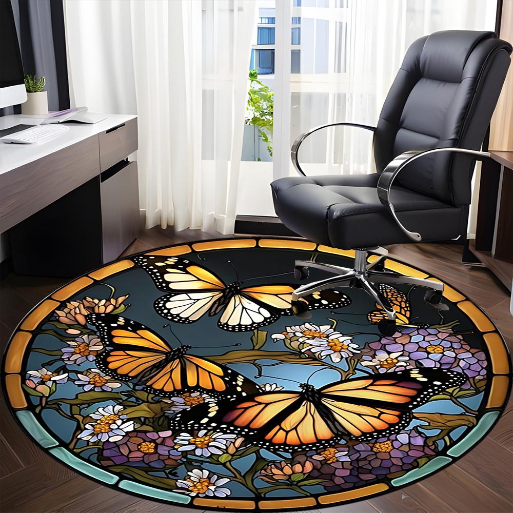1pc Butterfly Stained Glass Chair Carpet for Office, Round Polyester Mat, Indoor Decor for Office, Washable Non-slip Carpet yy251219136