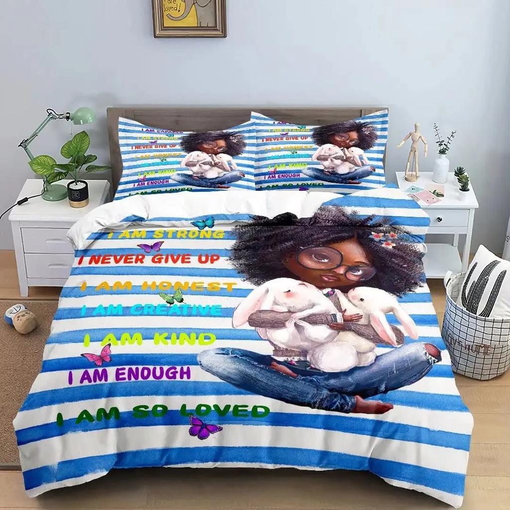 Schwarzes Mädchen Bettbezug 3D Exquisit Cartoon Anime Digitaldruck Bettwäscheset Steppdecke Bett Jugend Heimdeko Jungen Geschenk