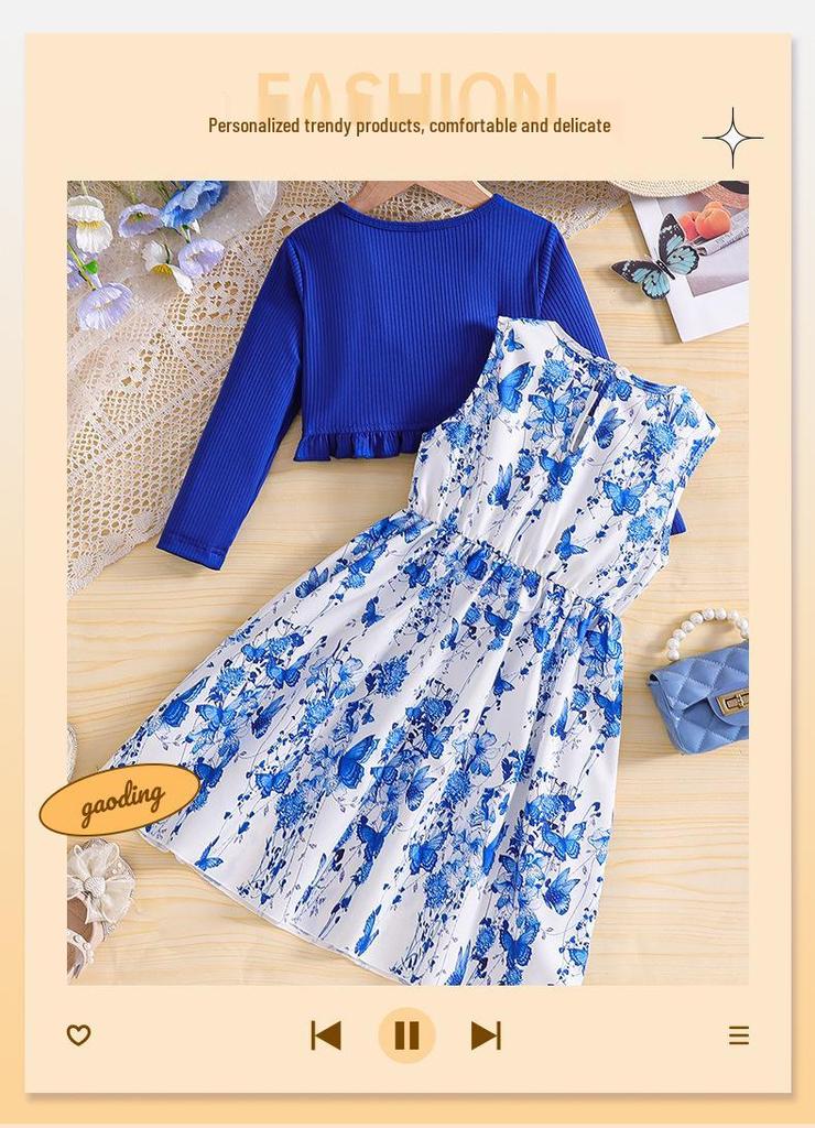 Spring-Autumn Girls' Princess Jacket & Vest Set: Long Sleeve Dress with Printed Vest