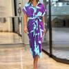 Women's Fashionable Short Sleeved Loose Comfortable Fit Casual V-neck Printed Sexy Split Dress Elegant Ladies Long Dress