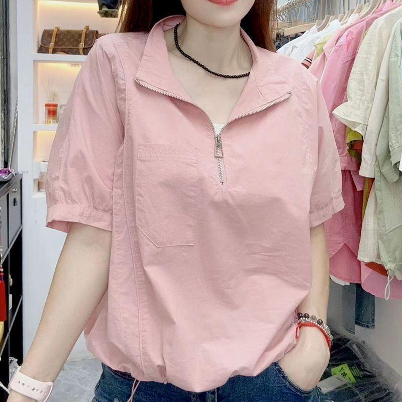 Loose Fit Lightweight Short Sleeve Shirt with Zipper Collar Summer  Blouse Tops