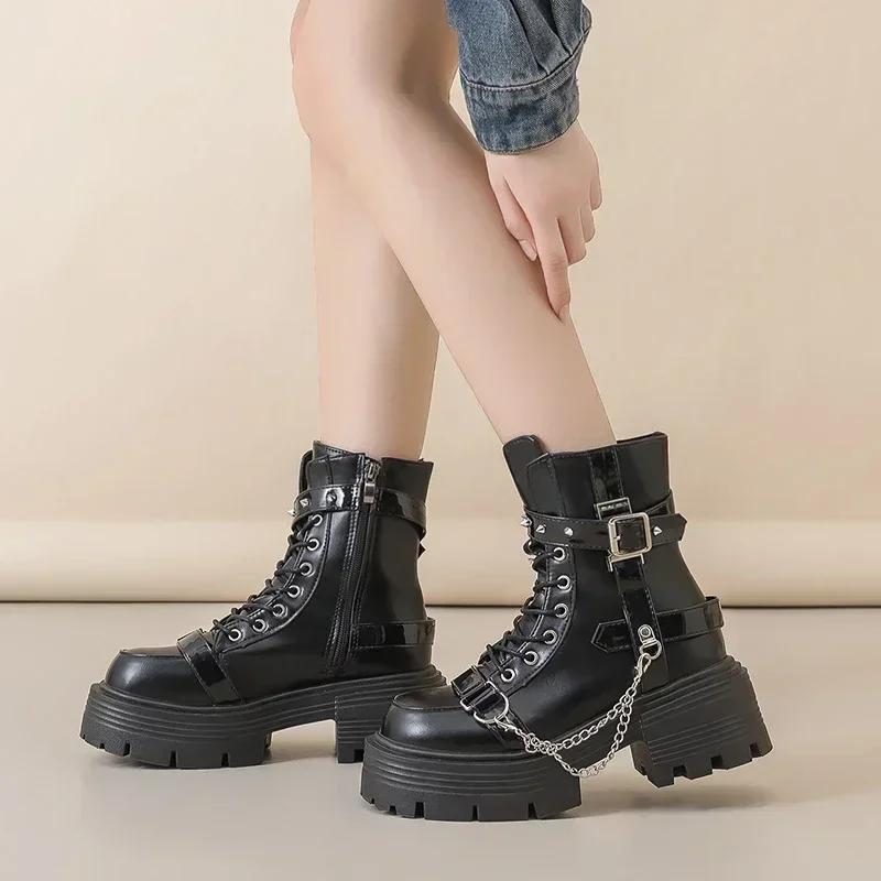 Fashion New Women's Biker Boots Patent Leather Breathable Zipper Lolita Platform Boots Autumn New Retro Gothics Botines Chelsea