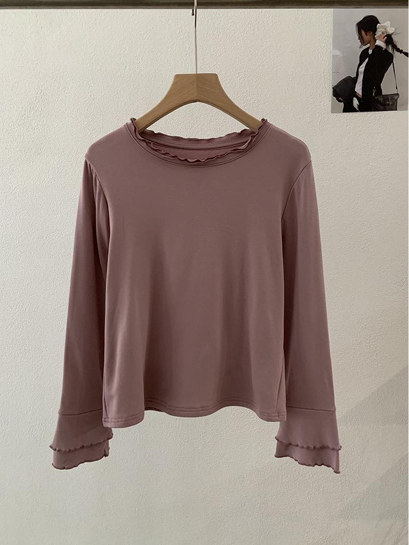 Women s Fleece-Lined Long Sleeve Lace Trim T-Shirt - Round Neck Winter Base Layer (5501) One Size