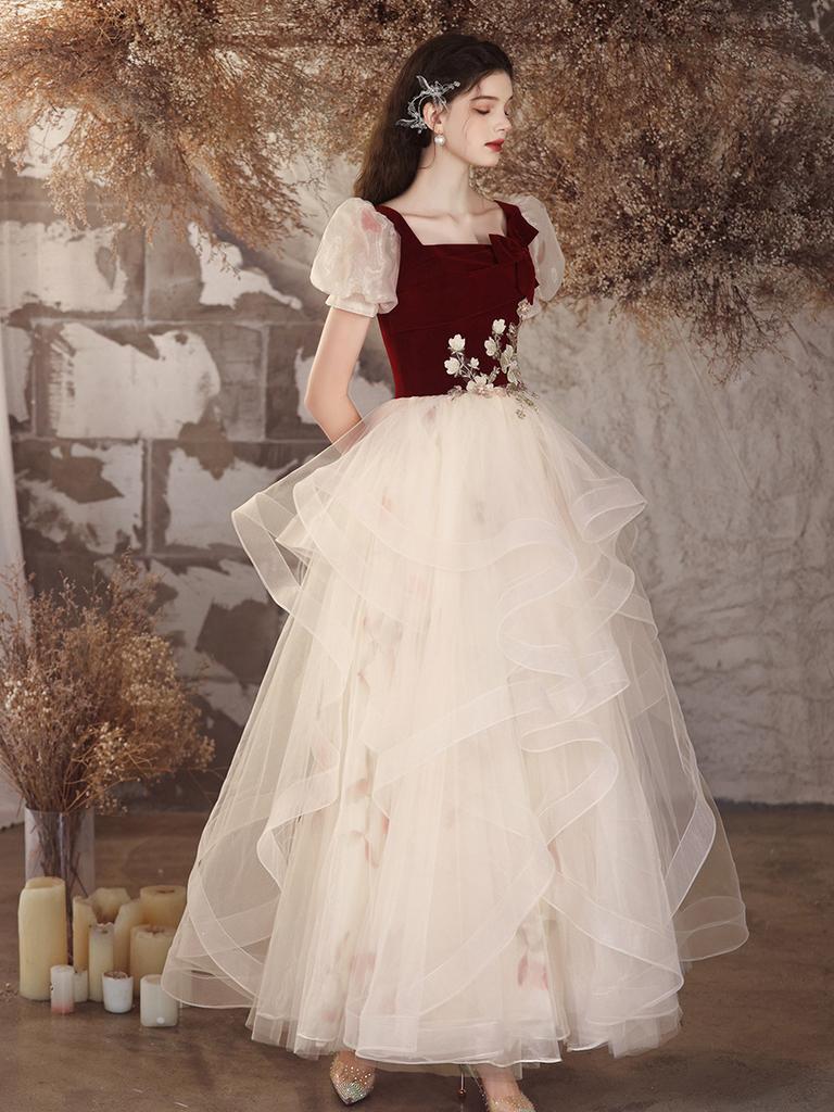 Sweet wind velvet bubble sleeve toast 1011 new bridal wedding engagement design fluffy dress evening dress