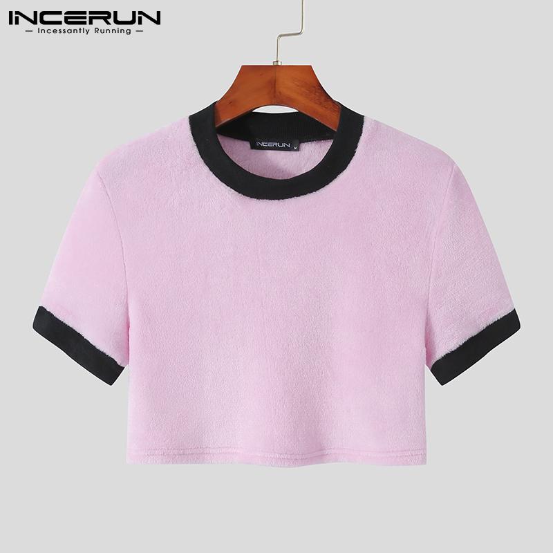 

INCERUN летние мужские цветные короткие укороченные топы с коротким рукавом повседневные тонкие мини-рубашки S-5XL