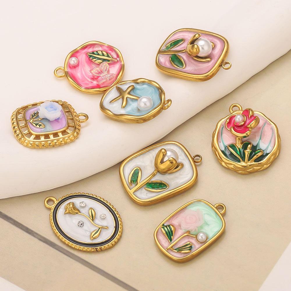 Colorful Oil Drop Flower Pendant Stainless Steel Gold Color Charm Necklace Bracelet DIY Making Jewelry Accessories Dropshipping