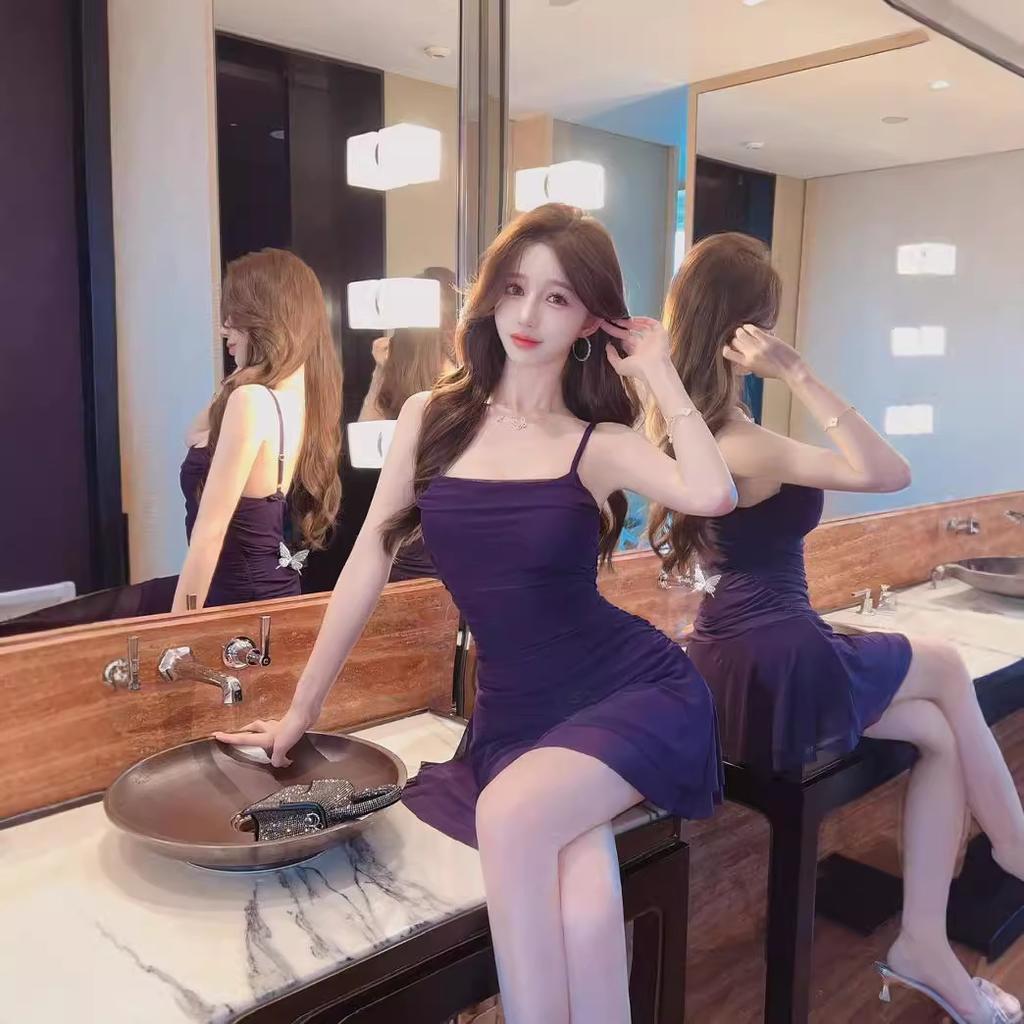 Sexy ruffle edge short big pendulum mesh splicing suspender hip cover belly fold design dress