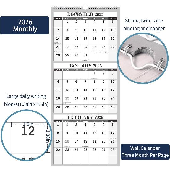 2026 Wall Calendar - 3 Month Calendar Vertical Display, 3-Month Wall Calendar 2026, Jan. 2026 - Dec. 2026, 11" X 26", Large Monthly Calendar, Lay-