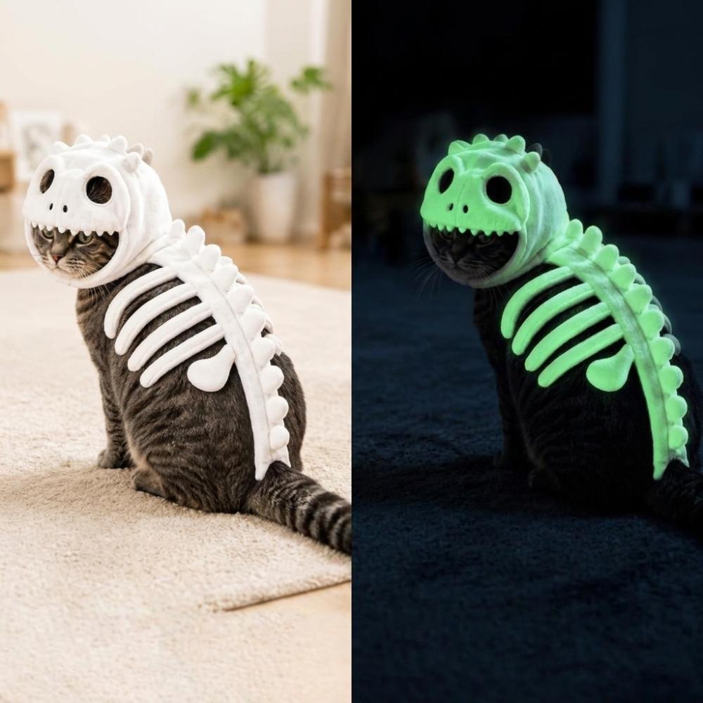 Soft Plush Halloween Cat Skeleton Hoodie Glow in Dark Pet Dino Skull Hooded Costume Cat and Dog