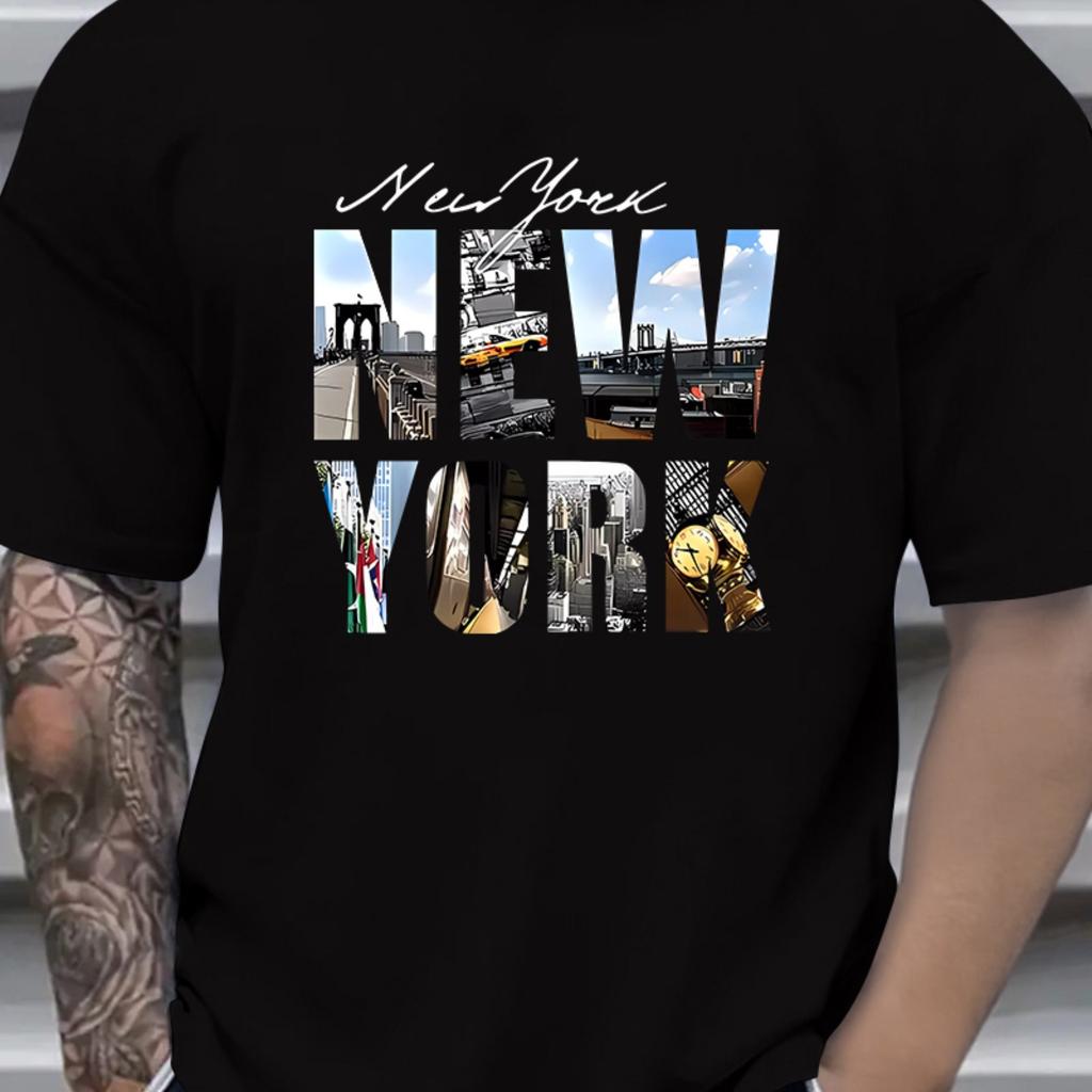 Mens Summer Cotton Fashion Casual Loose New York Pattern Print Sports Round Neck Shortsleeved Tshirt Top Casual Comfortable