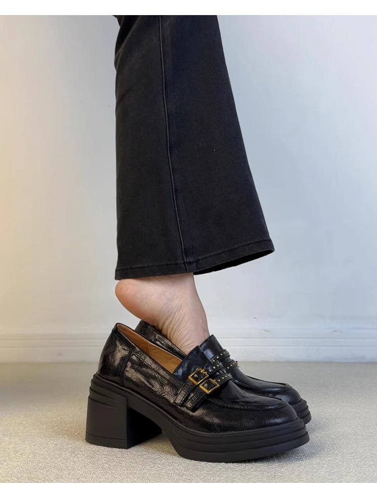 Sheepskin version~ High-heeled loafers, women's belt buckle, genuine leather, black small leather shoes, one pedal waterproof platform platform single