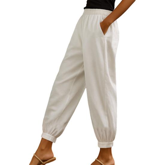 

Women Casual Pants Elastic Mid-rise Wide Leg Ankle-Tied Design Long Trousers with Pockets Pure Color Ankle M белый