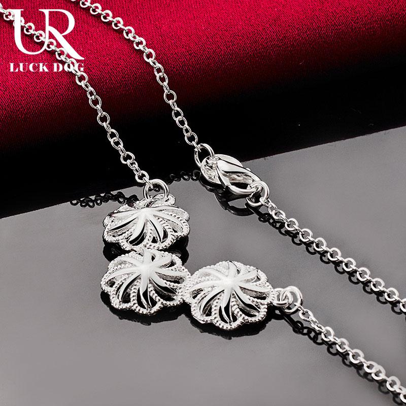 925 Sterling Silver Three Flower Pendant Necklace Fashionable Wedding Jewelry