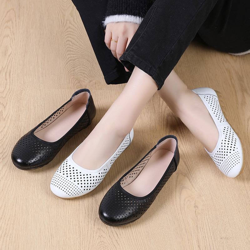 Fashion GKTINOO White Genuine Leather Ladies Breathable Summer Shoes Women Flats Slip-On Loafers Round Toe Soft Flat Shoes Casual
