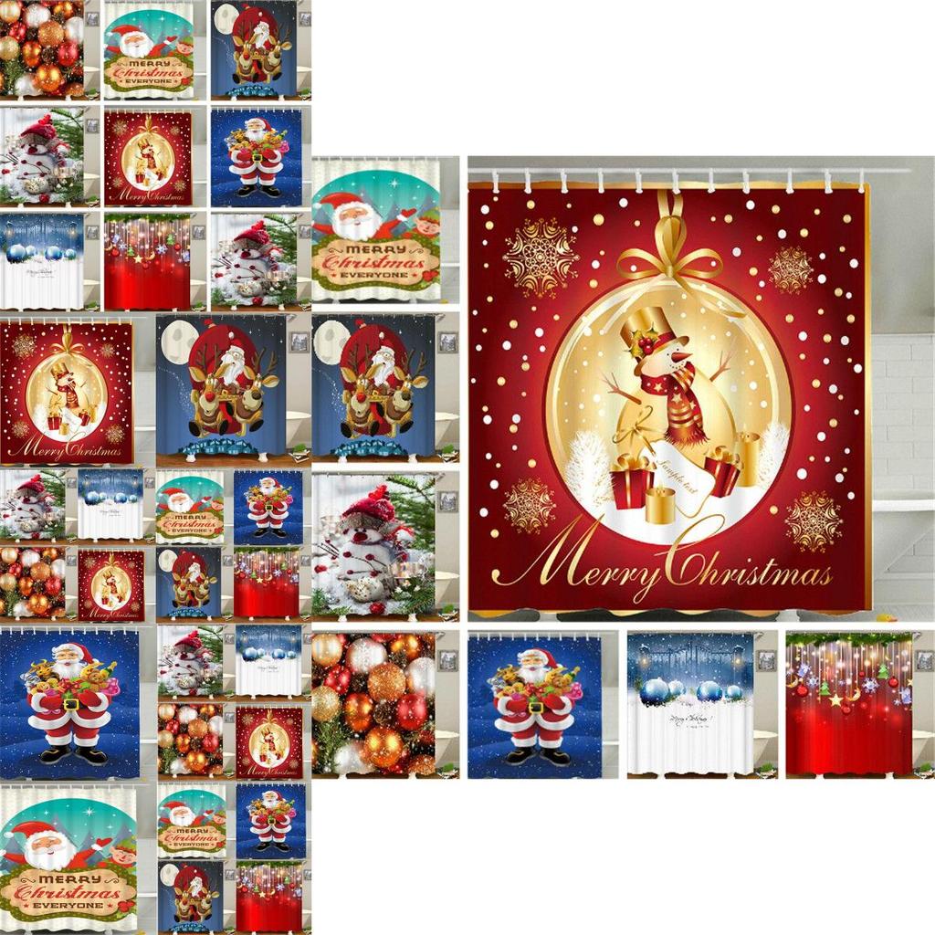 Charming Christmas Shower Curtain With Hooks Showcasing Santa Claus And Snowman For Your Bathroom
