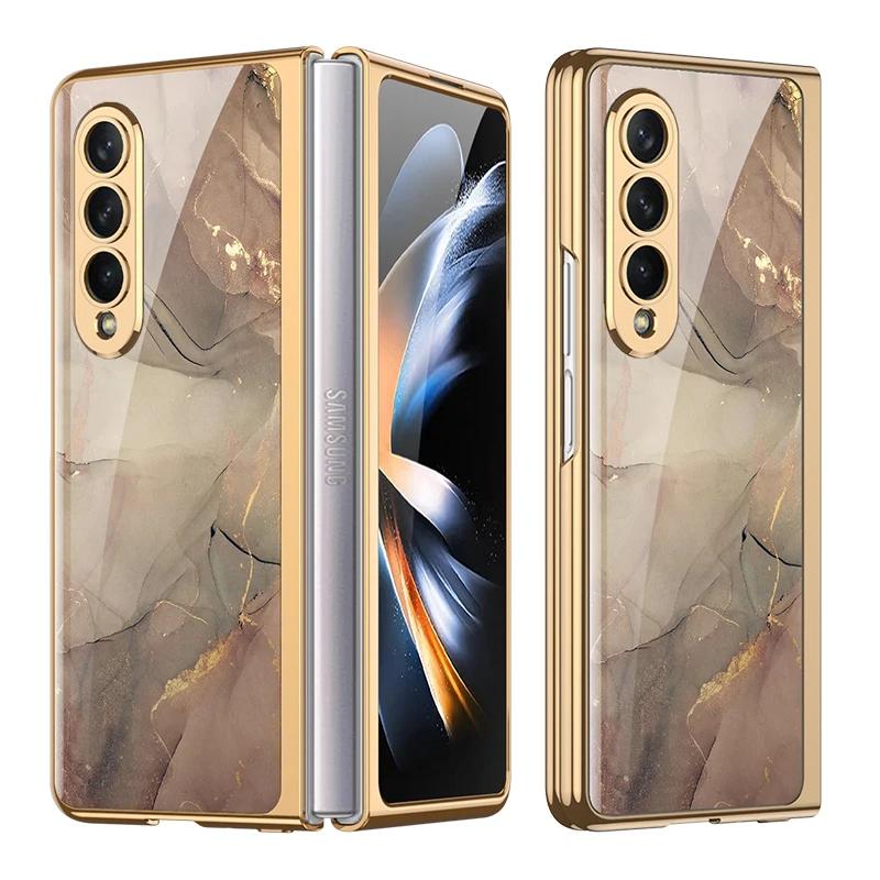 Luxury Plating Frame Case For Samsung Galaxy Z Fold 4 5G Painted Pattern Tempered Glass Hard Cover For Galaxy Z Fold5 4 3 Case