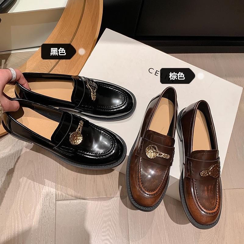 The Finishing Touch~ Knife and Fork Loafers, Genuine Leather One-pedal Lazy Brown Small Leather Shoes, Mandarin Duck Maillard Single Shoes