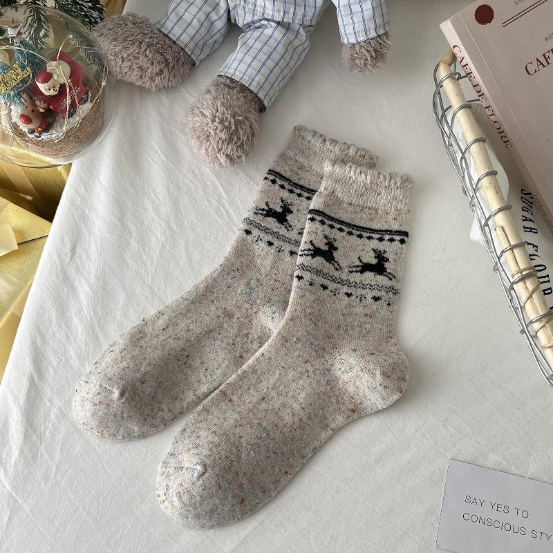 Fall/Winter Wool Socks - Fel Island Elk Warm Mid-Calf Socks - Bowknot Heart Retro Style Thick Socks - Children's