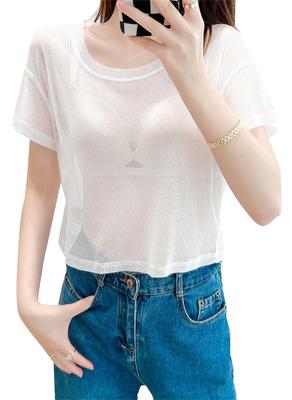 KSLAT Sheer Tulle Short Sleeve Short Layered Relaxed Black T-Shirt/Blouse, Women's, Length, All-Lace, See-Through, Look, Lightweight, Comfortable,