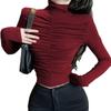 Trendy European & American Women's Sexy Wrinkled High Neck Slimming Long Sleeve Crop Top for 2026