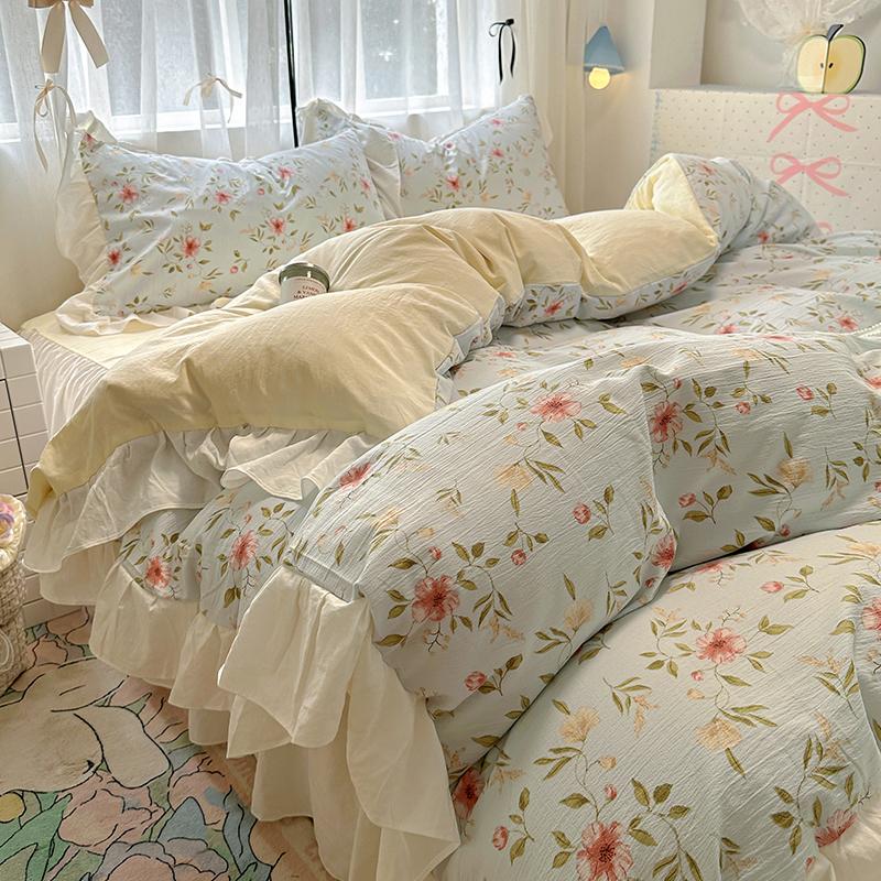 Ins Korean Style Floral Bedding Set 2024 New Washed Cotton 4pcs Bed Sheet Set Duvet Cover Set For Girls Bedding Decor Home