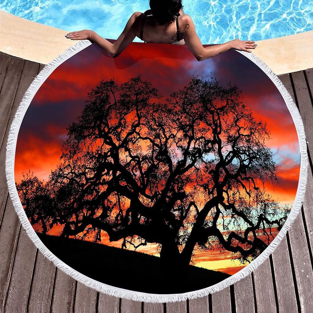 Big Tree Print Round Beach Towels, Polyester Sand Resistant Shawl Beach Blanket,Soft Absorbent Quick Dry Pool Towel Picnic Mat
