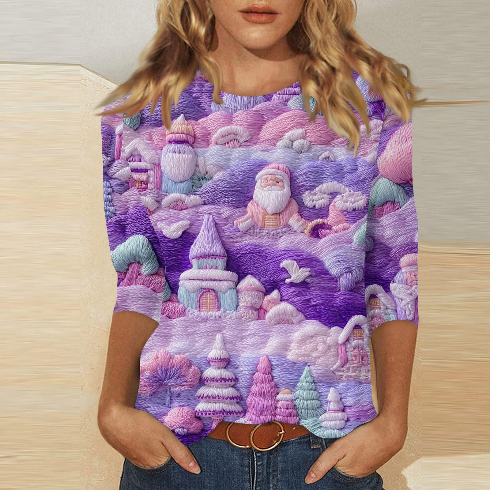 

Женский модный повседневный топ с рукавом три четверти и рождественским принтом, круглый вырез M фиолетовый