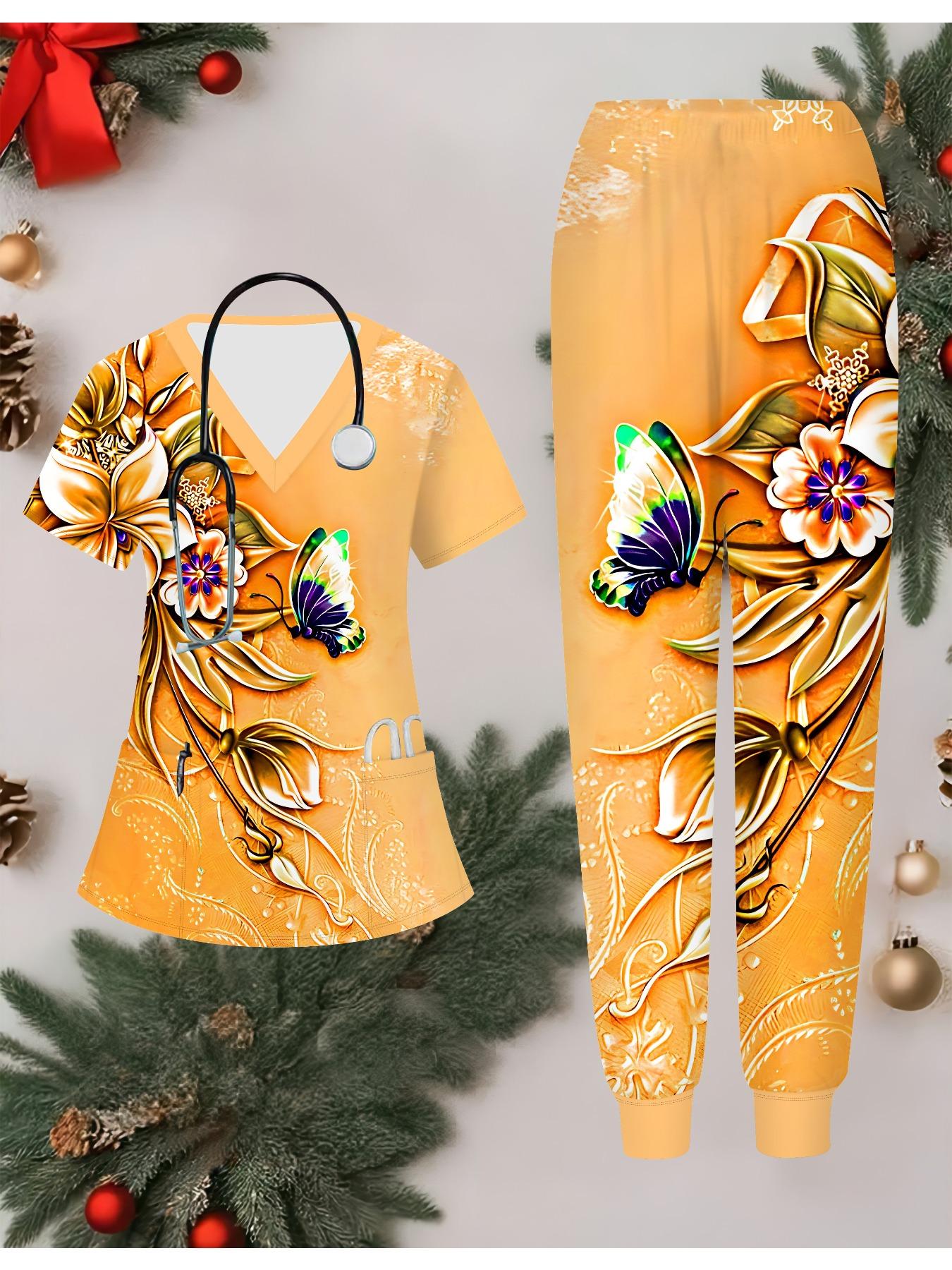 

Женский комплект медсестры с 3D-принтом цветов, короткий рукав, длинные брюки с карманом, повседневный, модный, рождественский подарок XXL оранжевый