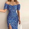 Women Dress High Waist Off Shoulder Low Cut Summer Sexy Floral Print Bodycon A-line Maxi Dress for Lady